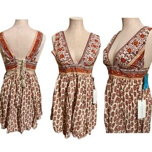 NWT Woman S Medium Cotton Cane Fringe‎ Bohemian Floral Print Mini Dress Hippie